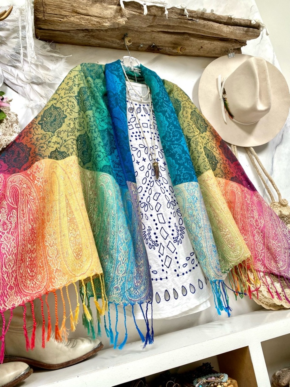 Rainbow Cashmere pashmina boho scarf/body wrap w hippy Gypsy resort vacay vibe